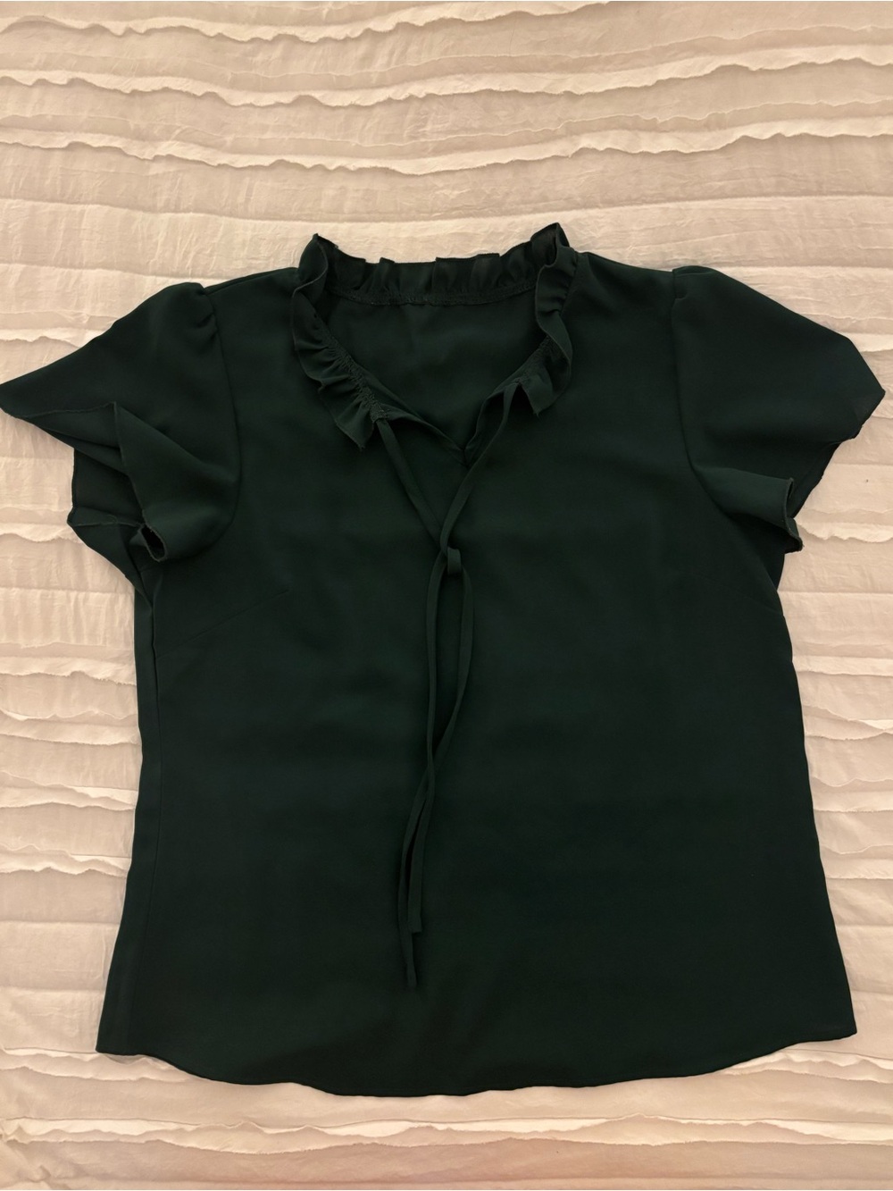 SHEIN Dark Green Ruffle Tie-Neck Short Sleeve Blouse